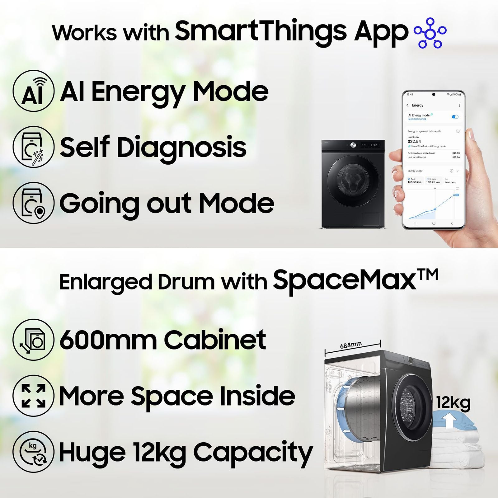 SAMSUNG 12 kg 5 Star Wi-Fi Inverter Fully Automatic Front Load Washing Machine (WW12DB8B54GSTL, AI Control, Navy)