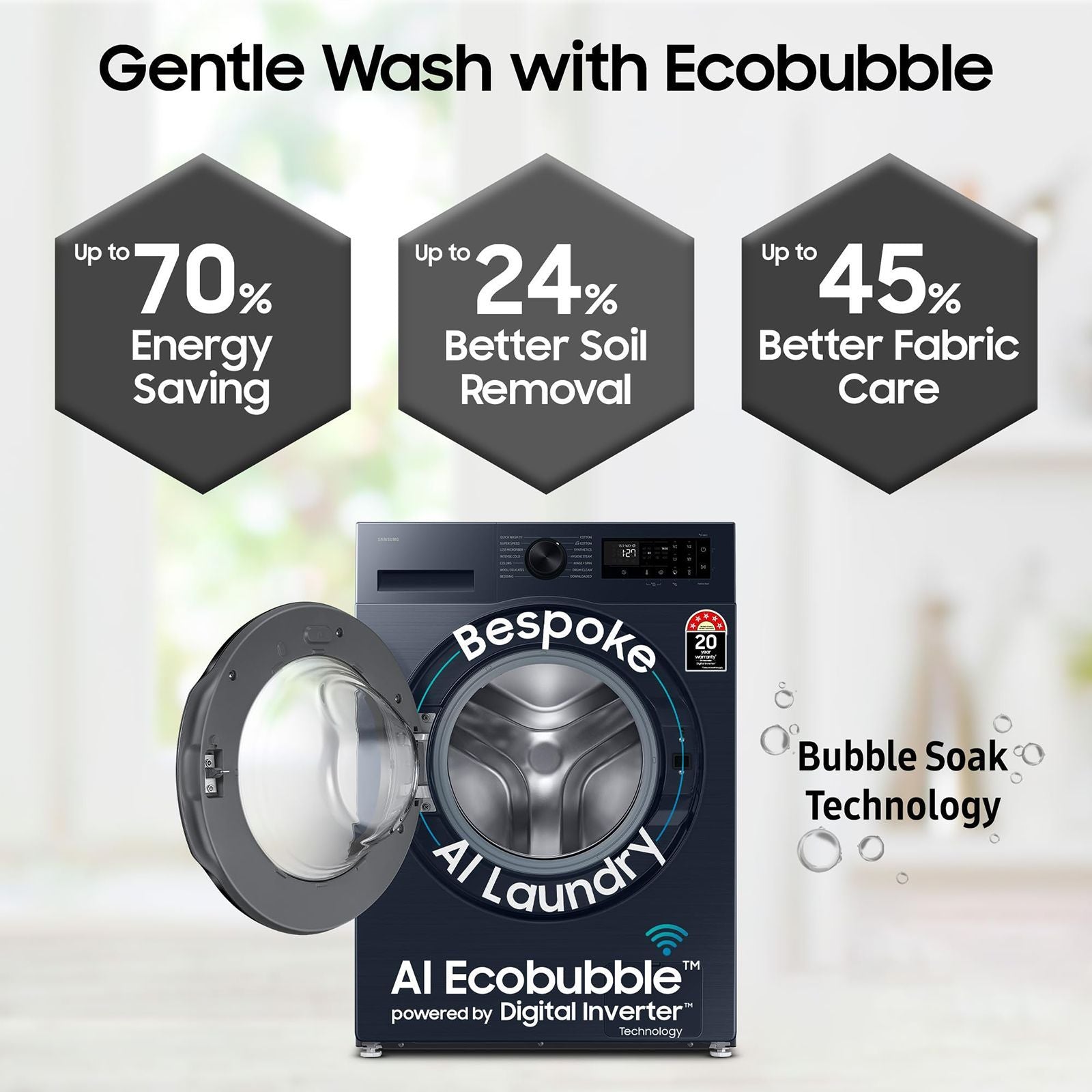 SAMSUNG 12 kg 5 Star Wi-Fi Inverter Fully Automatic Front Load Washing Machine (WW12DG6B24ABTL, AI Control, Black)