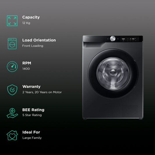 SAMSUNG 12 kg 5 Star Wi-Fi Inverter Fully Automatic Front Load Washing Machine (WW12DG6B24ABTL, AI Control, Black)