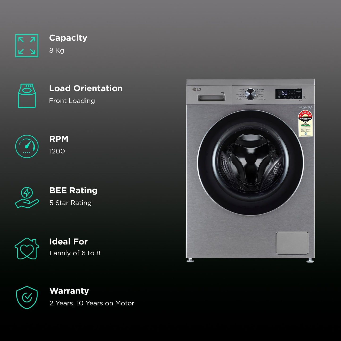 LG 8 kg 5 Star Wi-Fi Inverter Fully Automatic Front Load Washing Machine (FHB1208Z4P, Smart Diagnosis, Platinum Silver)