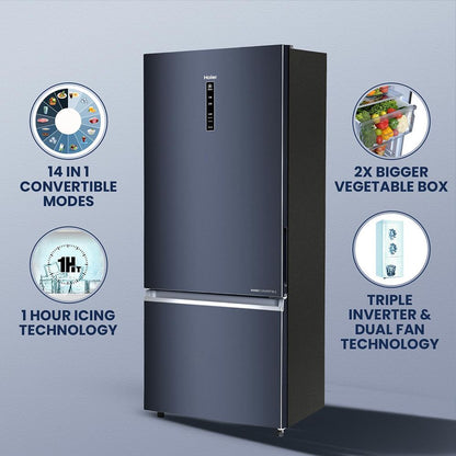 Haier 445 Litres 2 Star Frost Free Double Door Bottom Mount Convertible Refrigerator with 1 Hour Icing Technology (HRB-4952BGK-P, Graphite Black)