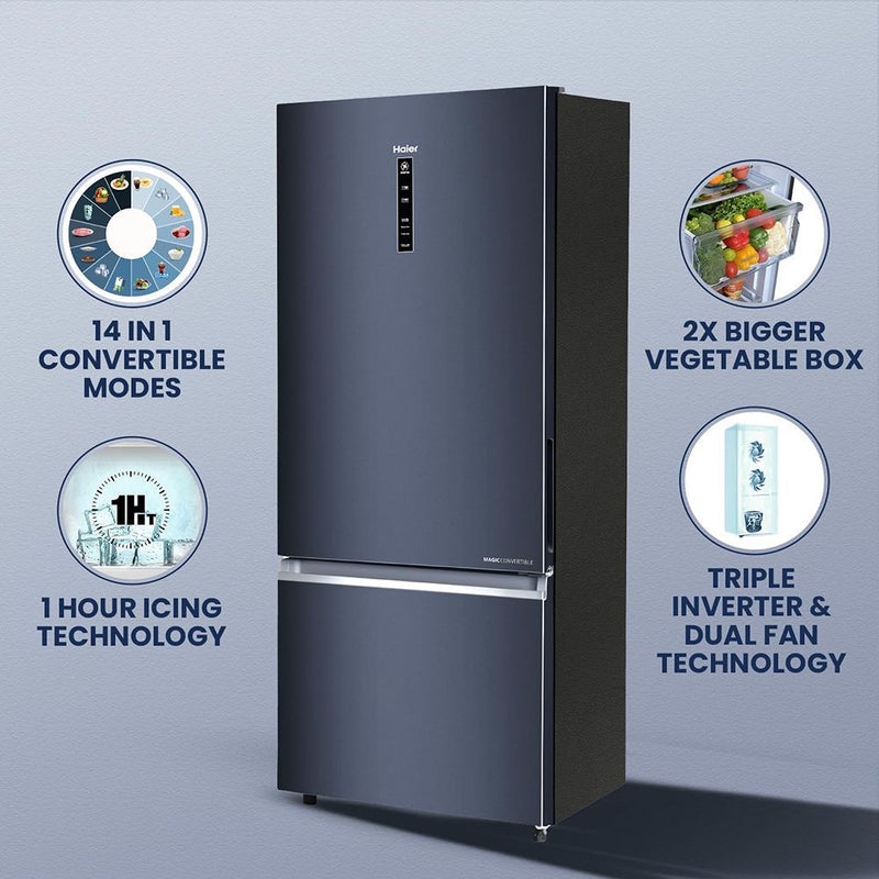 Haier 445 Litres 2 Star Frost Free Double Door Bottom Mount Convertible Refrigerator with 1 Hour Icing Technology (HRB-4952BGK-P, Graphite Black)