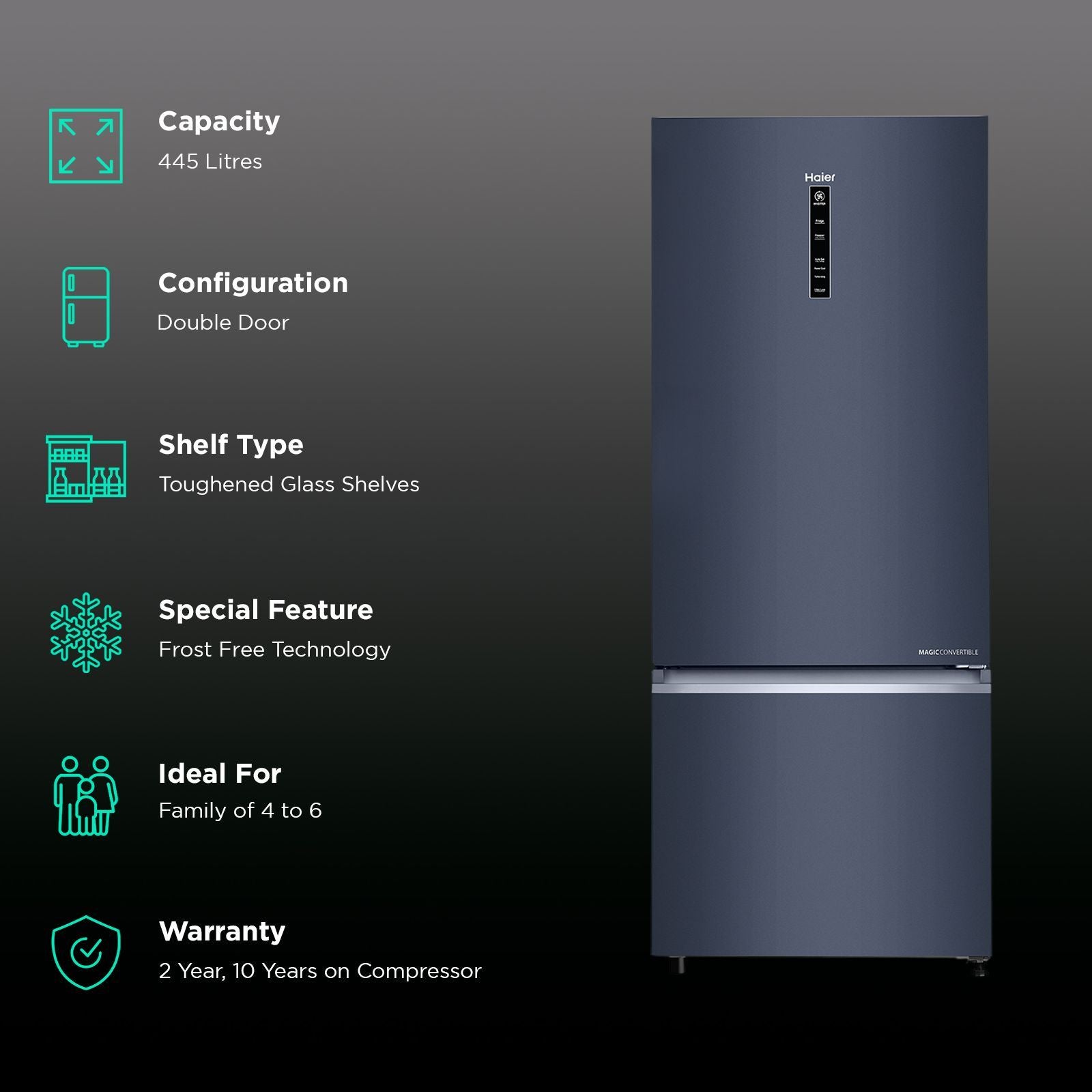 Haier 445 Litres 2 Star Frost Free Double Door Bottom Mount Convertible Refrigerator with 1 Hour Icing Technology (HRB-4952BGK-P, Graphite Black)