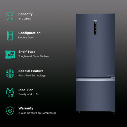 Haier 445 Litres 2 Star Frost Free Double Door Bottom Mount Convertible Refrigerator with 1 Hour Icing Technology (HRB-4952BGK-P, Graphite Black)