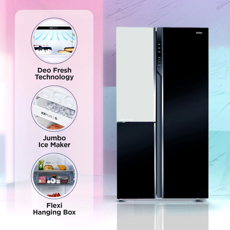 Haier 598 Litres 3 Star Frost Free Side by Side Refrigerator with Deo Fresh Technology (HRT-683KWG-P, Black & White)