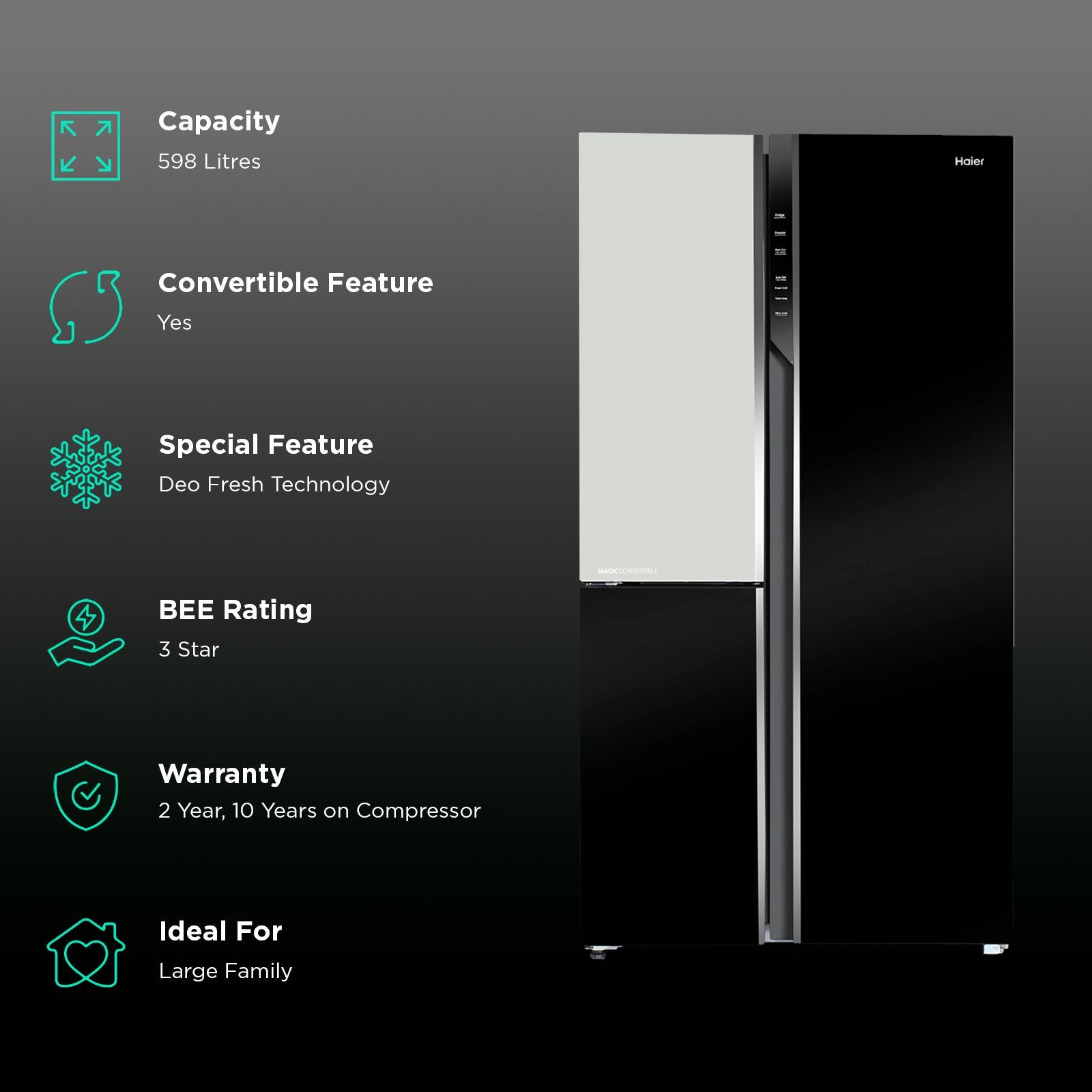 Haier 598 Litres 3 Star Frost Free Side by Side Refrigerator with Deo Fresh Technology (HRT-683KWG-P, Black & White)