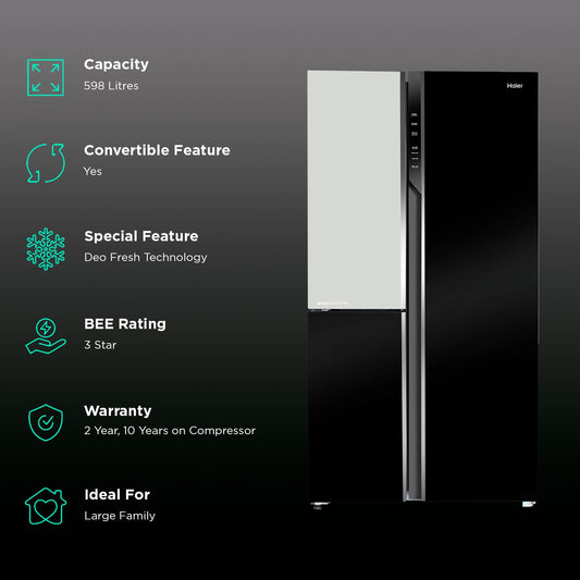 Haier 598 Litres 3 Star Frost Free Side by Side Refrigerator with Deo Fresh Technology (HRT-683KWG-P, Black & White)