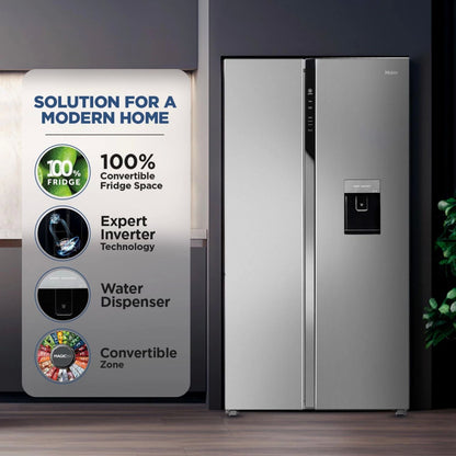 Haier 596 Litres 3 Star Frost Free Side by Side Door Smart Wifi Enabled Refrigerator with Deo Fresh Technology (HRS-682SWDU1, Shiny Steel)