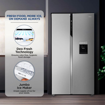 Haier 596 Litres 3 Star Frost Free Side by Side Door Smart Wifi Enabled Refrigerator with Deo Fresh Technology (HRS-682SWDU1, Shiny Steel)