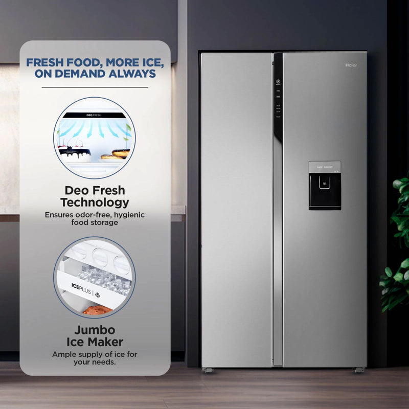 Haier 596 Litres 3 Star Frost Free Side by Side Door Smart Wifi Enabled Refrigerator with Deo Fresh Technology (HRS-682SWDU1, Shiny Steel)