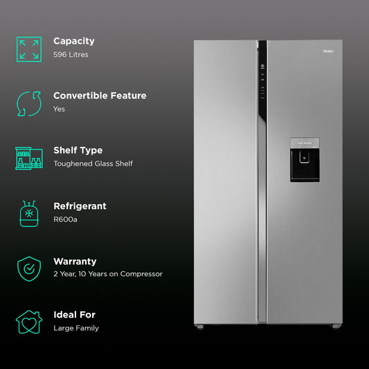 Haier 596 Litres 3 Star Frost Free Side by Side Door Smart Wifi Enabled Refrigerator with Deo Fresh Technology (HRS-682SWDU1, Shiny Steel)