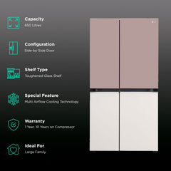 LG 650 Litres 3 Star Frost Free Side by Side Smart Wifi Enabled Refrigerator with Multi Air Flow (GL-B257EPT3, Clay Pink Tango)