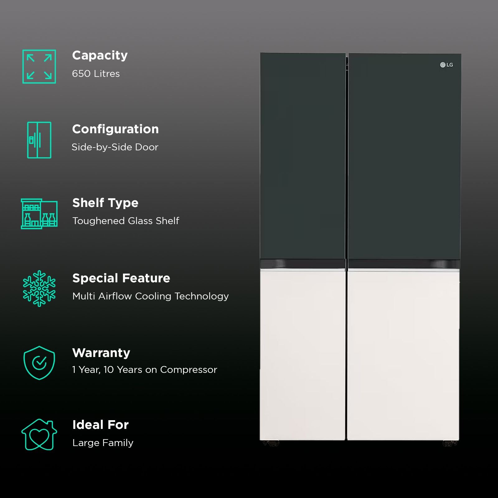 LG 650 Litres 3 Star Frost Free Side by Side Smart Wifi Enabled Refrigerator with Multi Air Flow (GL-B257EET3, Emerald Green Tango)