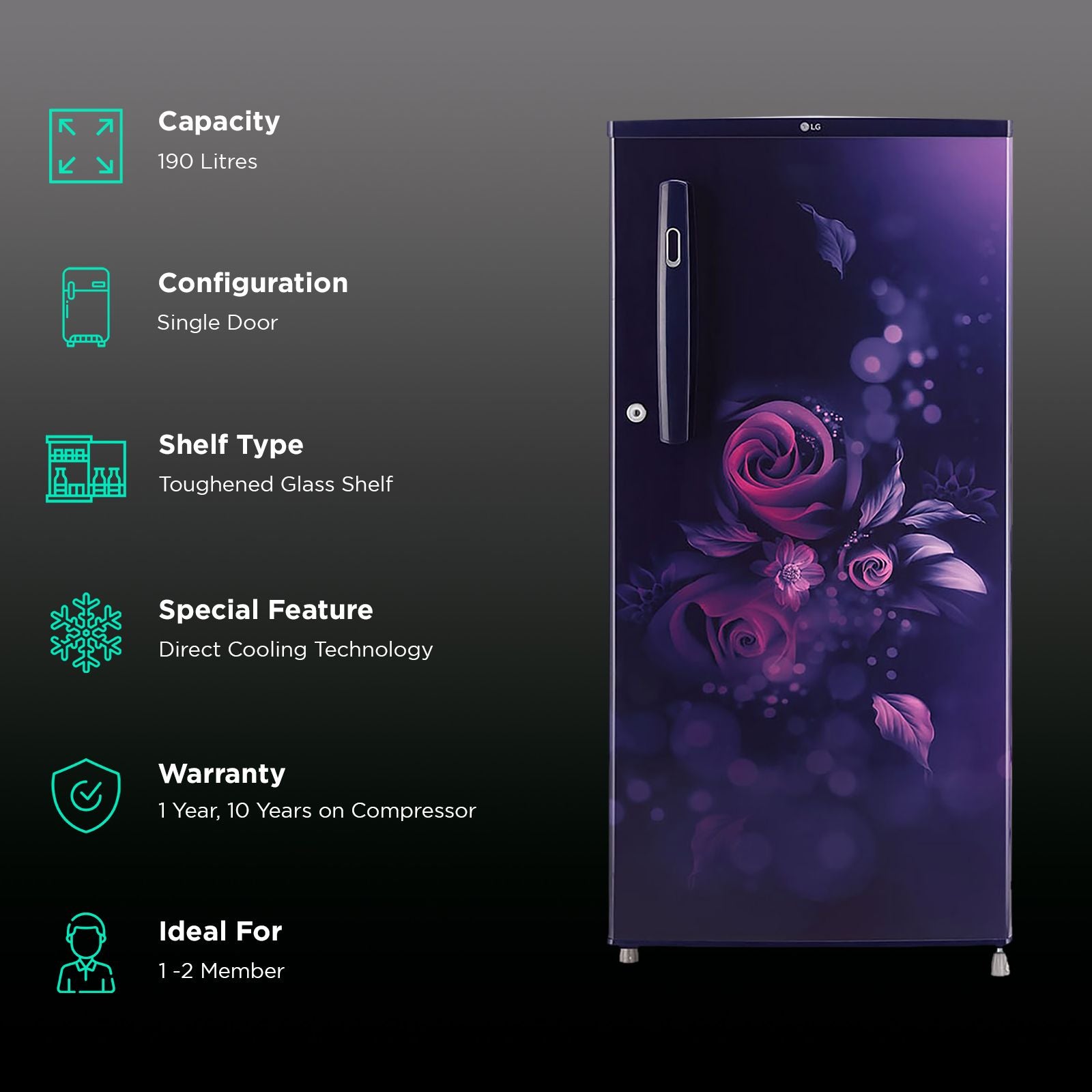 LG 190 Litres 2 Star Direct Cool Single Door Refrigerator with Antibacterial Gasket (GL-B199OBEC, Blue Euphoria)