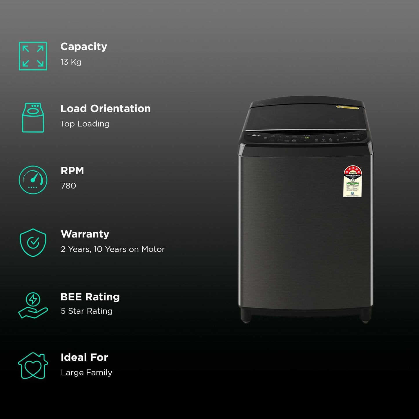 LG 13 kg 5 Star Wi-Fi Fully Automatic Top Load Washing Machine (HEDD, THD13SWP.APBQEIL, AI Direct Drive, Platinum Black)