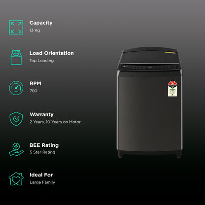 LG 13 kg 5 Star Wi-Fi Fully Automatic Top Load Washing Machine (HEDD, THD13SWP.APBQEIL, AI Direct Drive, Platinum Black)
