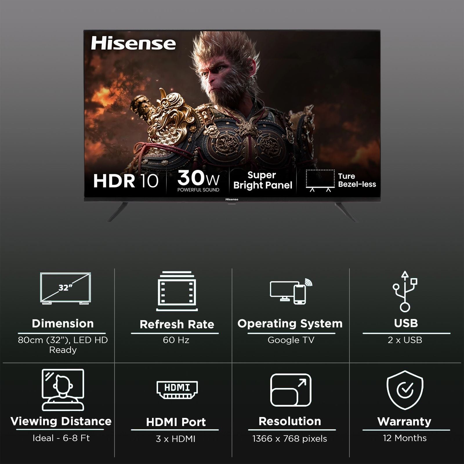 Hisense E43N 81.28 cm (32 inch) HD Ready LED Smart Google TV with Dolby Audio (2024 model)