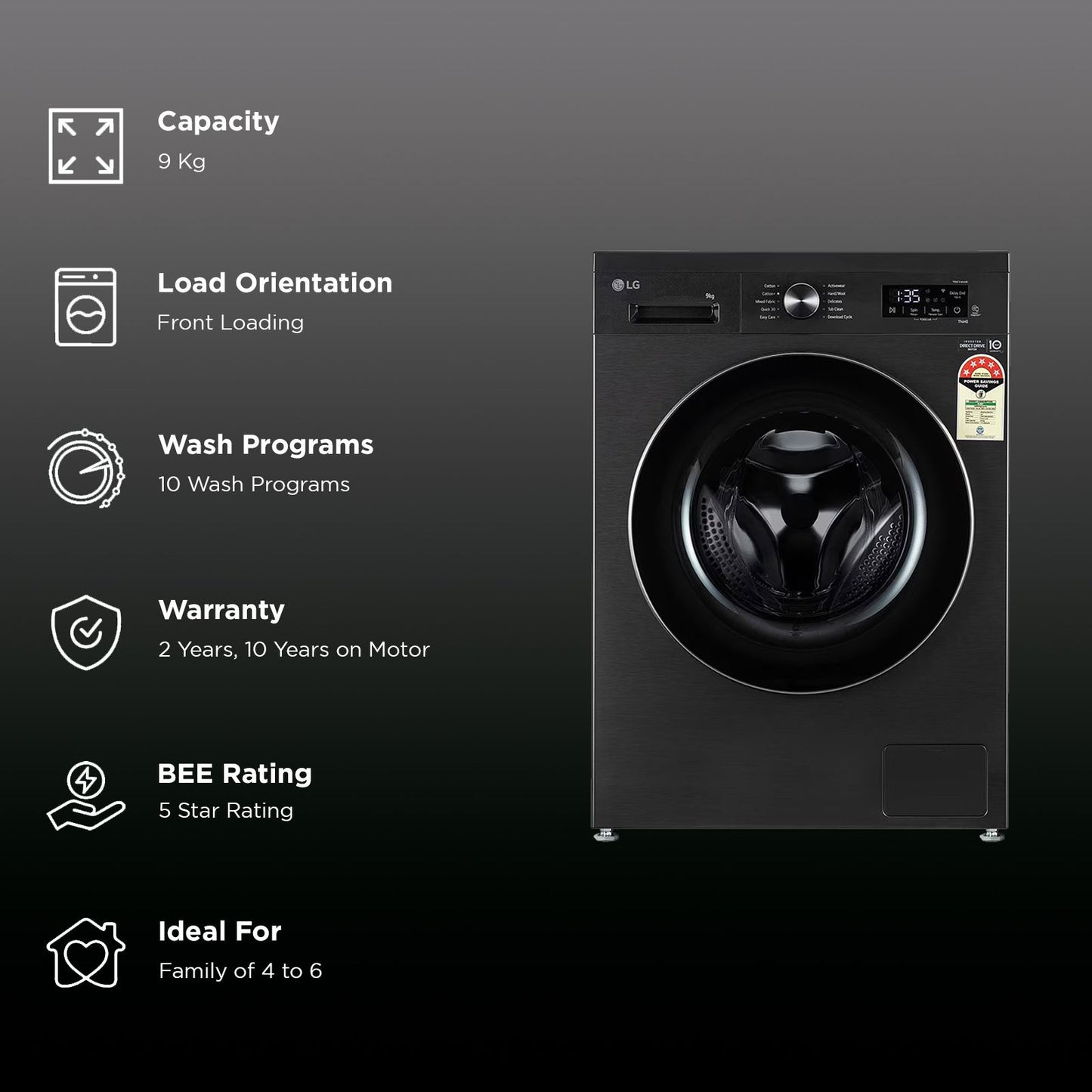 LG 9 kg 5 Star Wi-Fi Inverter Fully Automatic Front Load Washing Machine (FHB1209Z4B, Auto Restart, Platinum Black)