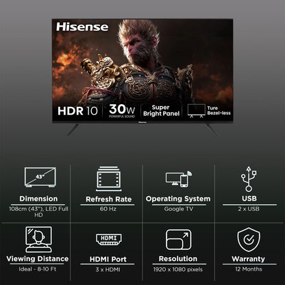 Hisense E43N 109.22 cm (43 inch) Full HD LED Smart Google TV with Dolby Audio (2024 model)