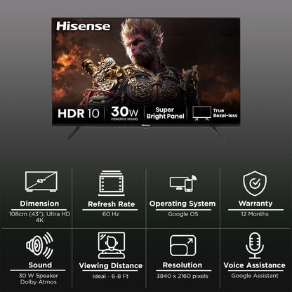 Hisense E63N 108 cm (43 inch) LED 4K Ultra HD Google TV with Dolby Atmos (2024 model)