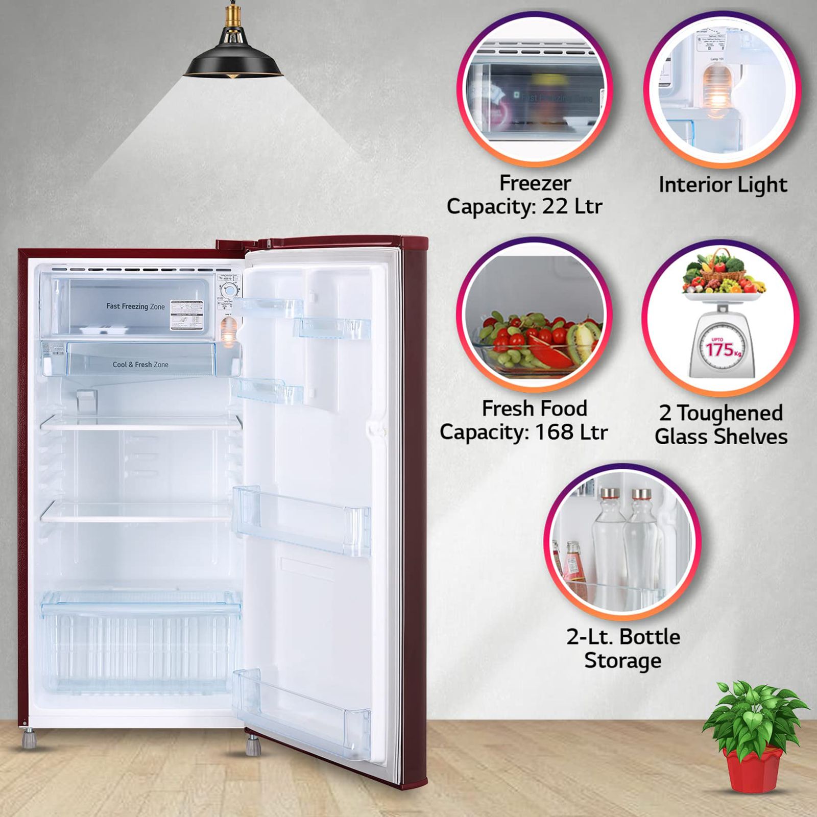 LG 190 Litres 2 Star Direct Cool Single Door Refrigerator with Stabilizer Free Operation (GL-B199OSEC, Scarlet Euphoria)