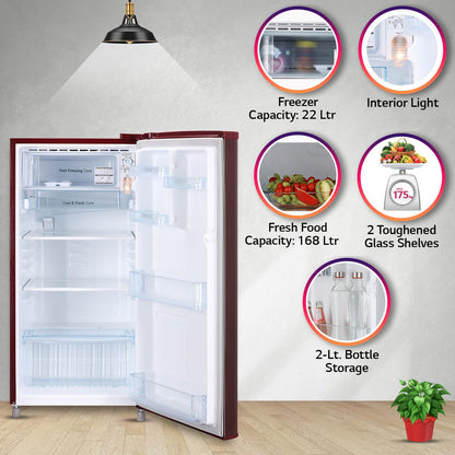 LG 190 Litres 2 Star Direct Cool Single Door Refrigerator with Stabilizer Free Operation (GL-B199OSEC, Scarlet Euphoria)