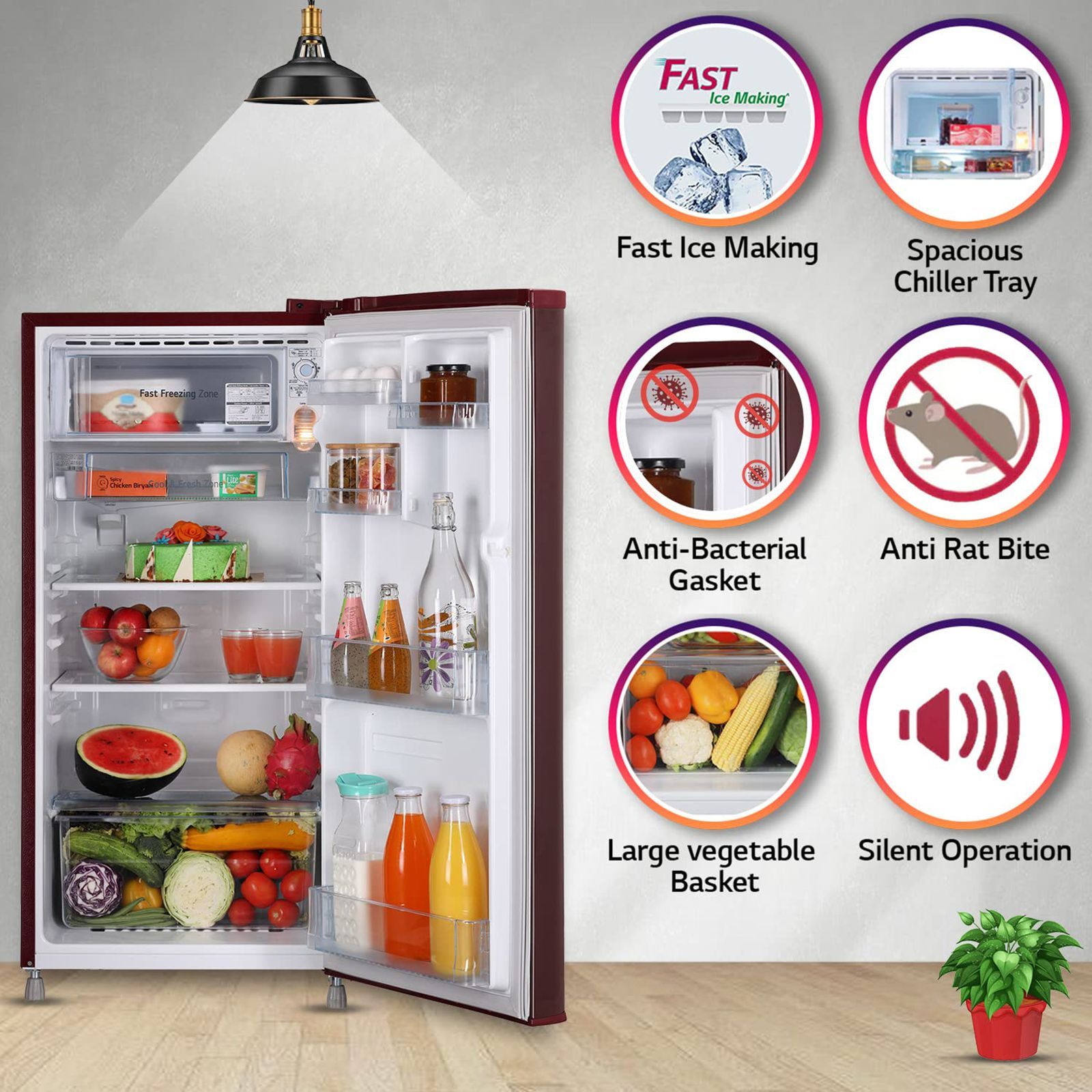 LG 190 Litres 2 Star Direct Cool Single Door Refrigerator with Stabilizer Free Operation (GL-B199OSEC, Scarlet Euphoria)