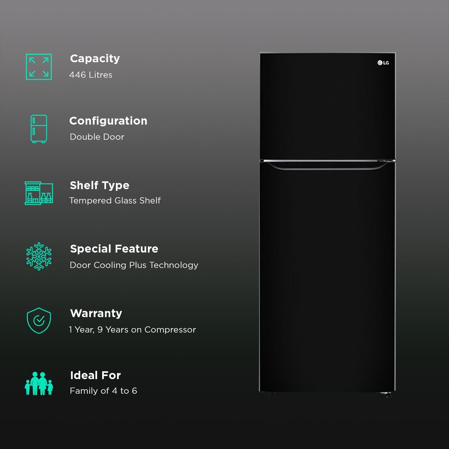 LG 446 Litres 1 Star Frost Free Double Door Convertible Refrigerator with Multi Air Flow (GL-T502CESR, Ebony Sheen)