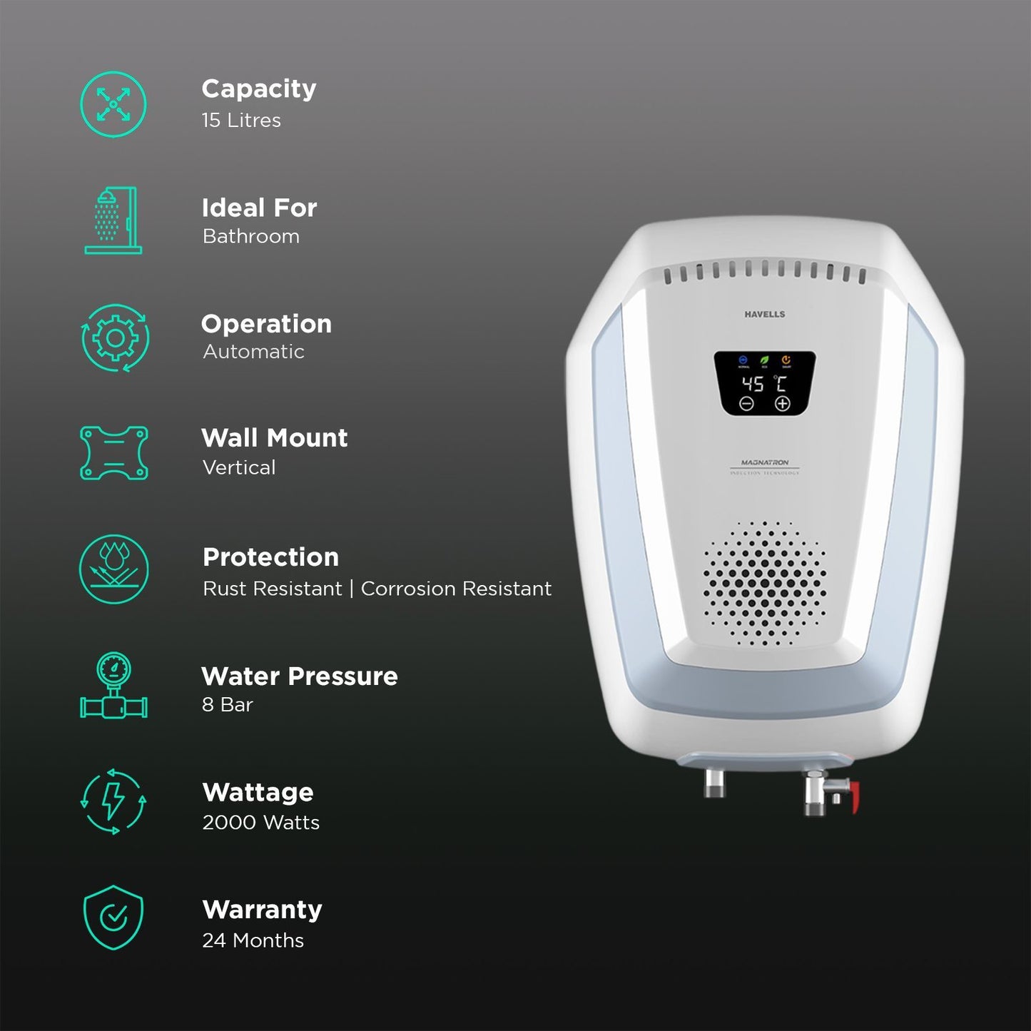 HAVELLS Magnatron 15 Litre 4 Star Vertical Storage Geyser with Revolutionary Induction Heat Transfer Technology (White & Blue)