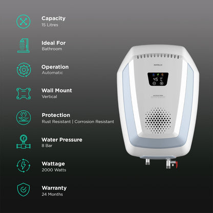 HAVELLS Magnatron 15 Litre 4 Star Vertical Storage Geyser with Revolutionary Induction Heat Transfer Technology (White & Blue)