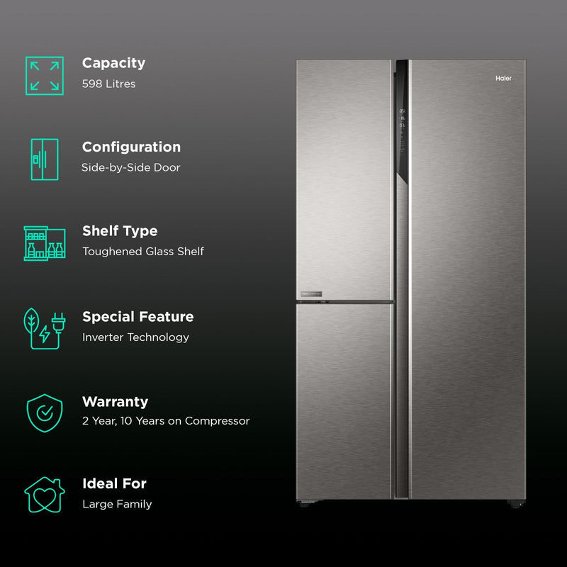 Haier 598 Litres 3 Star Frost Free Side By Side Smart Wifi Enabled Refrigerator with Deo Fresh Technology (HRT-683ISU1, Inox Steel)