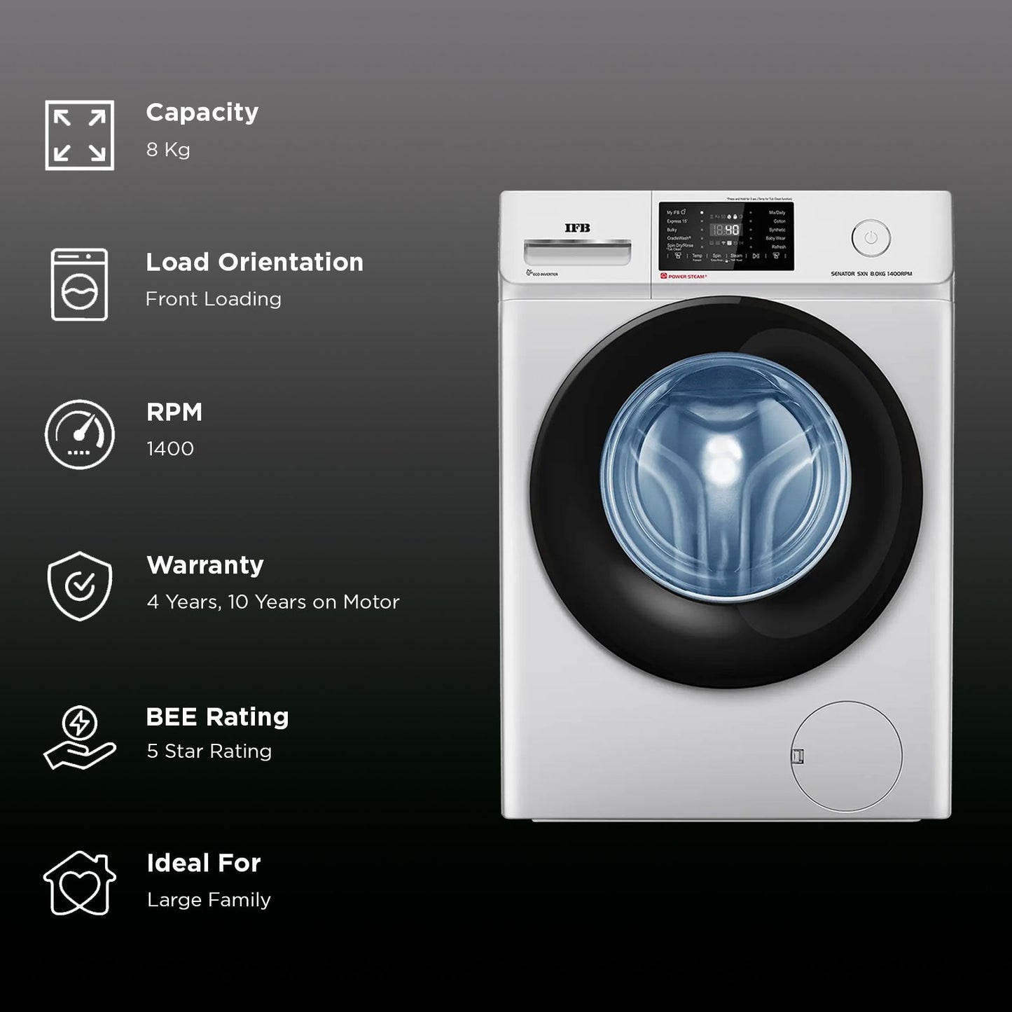 IFB 8 kg 5 Star Wi-Fi Inverter Fully Automatic Front Load Washing Machine (Senator SXN 8014, In-built Heater, Rich Silver)