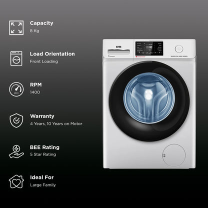IFB 8 kg 5 Star Wi-Fi Inverter Fully Automatic Front Load Washing Machine (Senator SXN 8014, In-built Heater, Rich Silver)