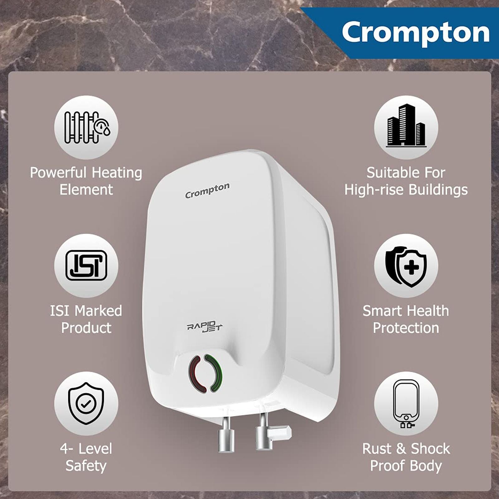 Crompton Rapid Jet 3 Litre 5 Star Vertical Instant Geyser with Advanced 4 Level Safety (White)