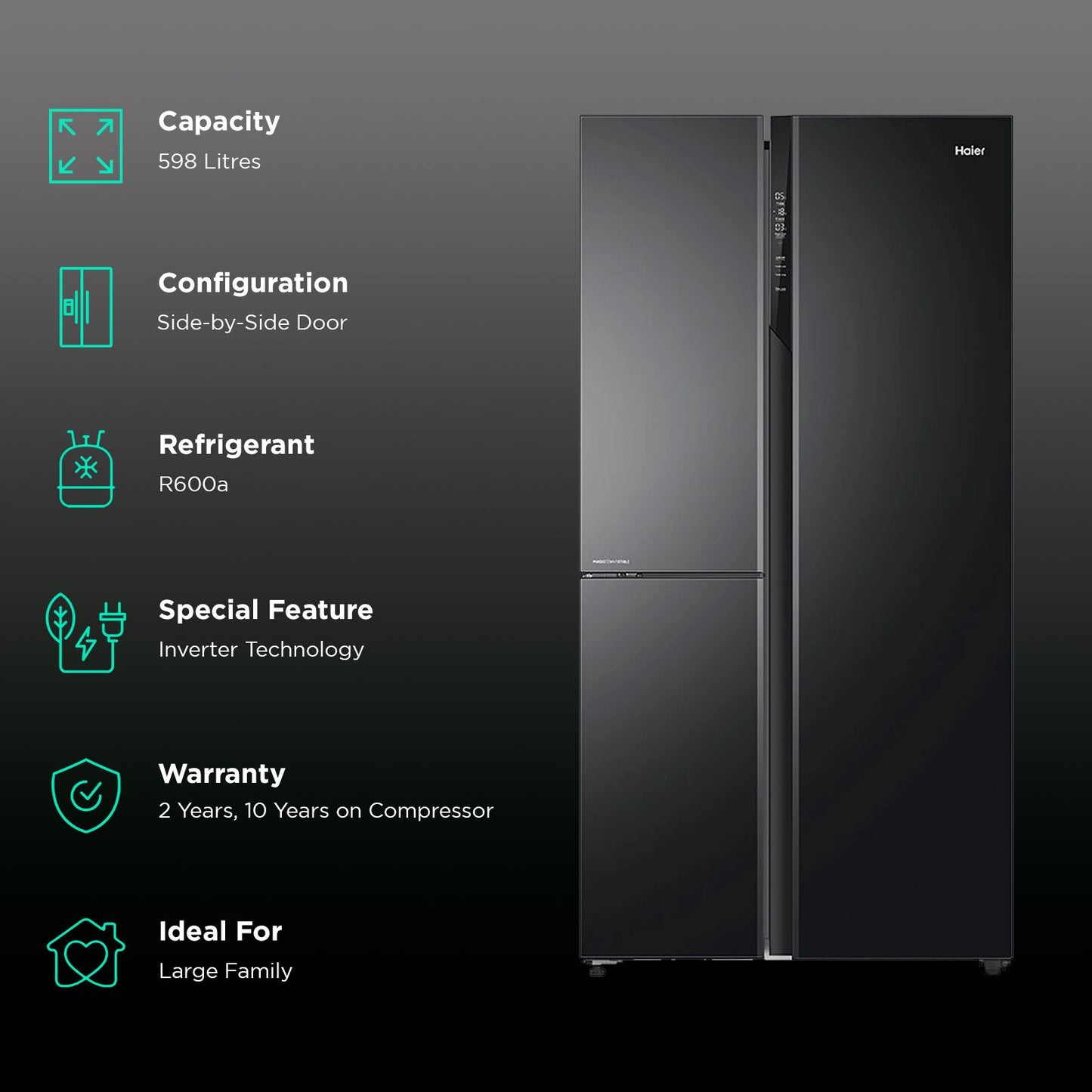 Haier 598 Litres 3 Star Frost Side-by-Side Smart Wifi Enabled Refrigerator with Digital Control Panel (HRT-683KGU1, Black Glass)