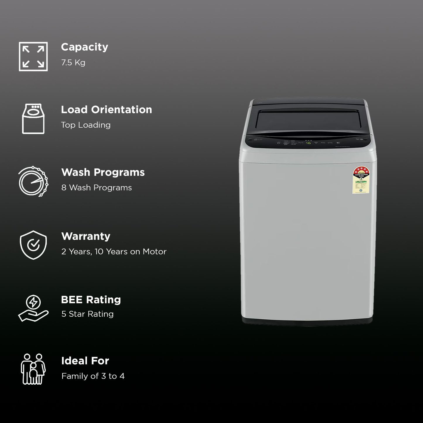 LG 7.5 kg 5 Star Inverter Fully Automatic Top Load Washing Machine (T75VBSF1Z, Smart Inverter Motor, Middle Free Silver)