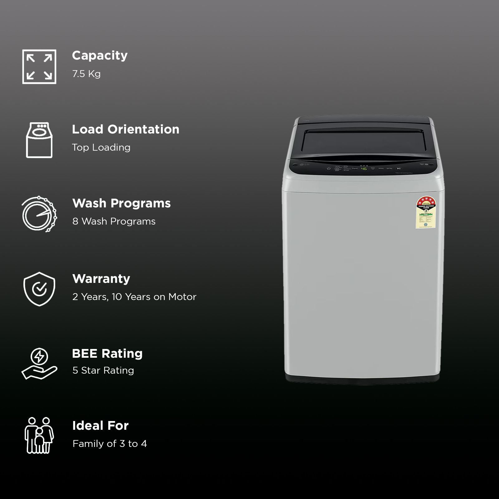 LG 7.5 kg 5 Star Inverter Fully Automatic Top Load Washing Machine (T75VBSF1Z, Smart Inverter Motor, Middle Free Silver)