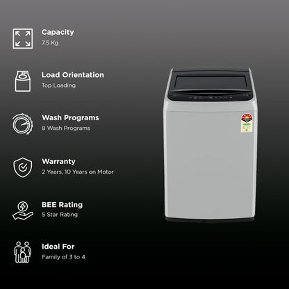 LG 7.5 kg 5 Star Inverter Fully Automatic Top Load Washing Machine (T75VBSF1Z, Smart Inverter Motor, Middle Free Silver)