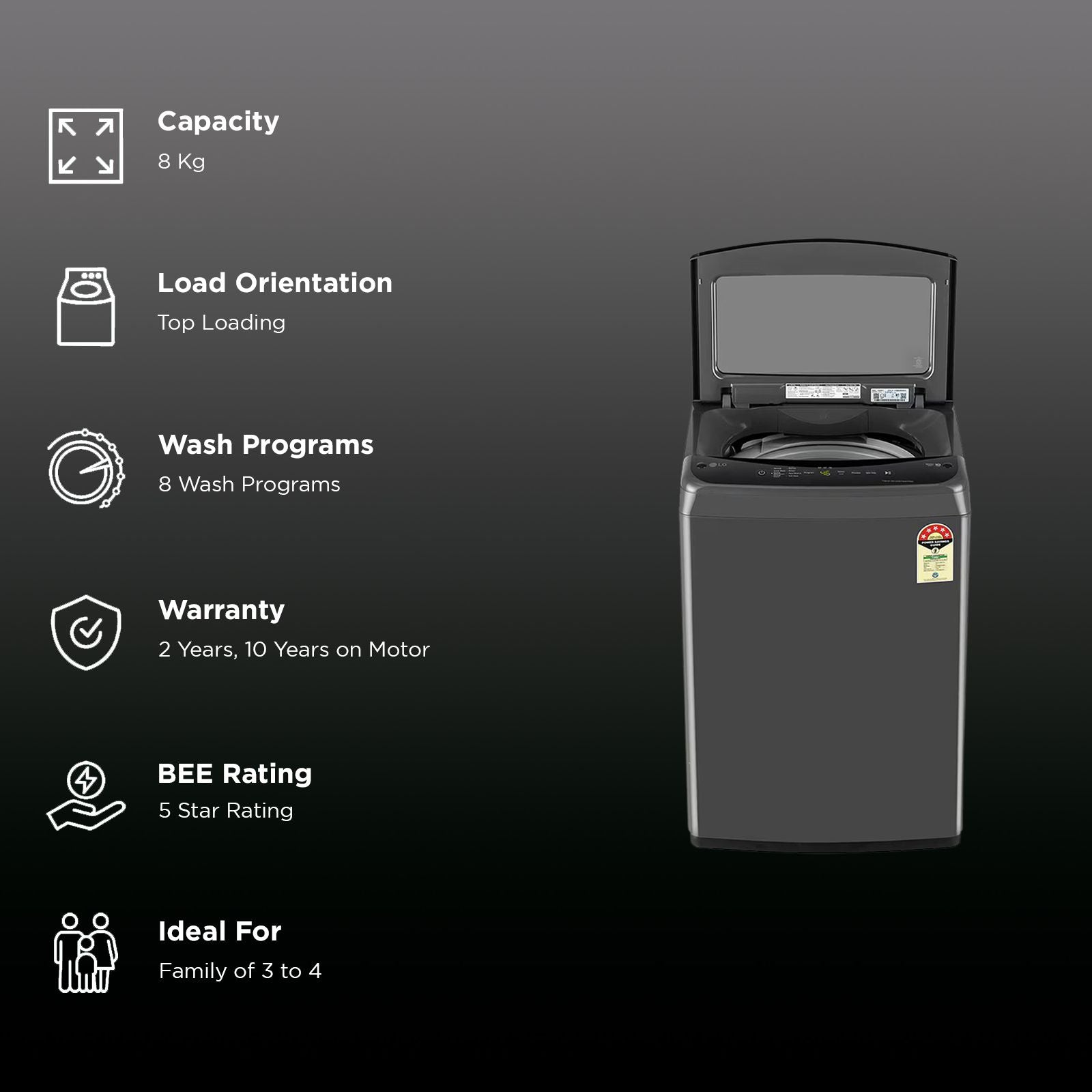 LG 8 kg 5 Star Inverter Fully Automatic Top Load Washing Machine (T80VBMB1Z, Smart Inverter Motor, Middle Black)