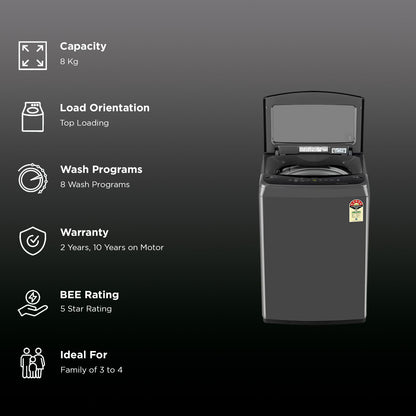 LG 8 kg 5 Star Inverter Fully Automatic Top Load Washing Machine (T80VBMB1Z, Smart Inverter Motor, Middle Black)
