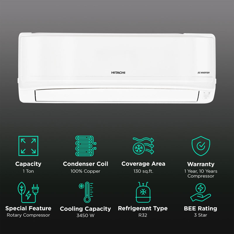 HITACHI iZen 3400SXL Convertible 1 Ton 3 Star Invertor Split AC with Anti Bacterial SuperFine Mesh Filter (Copper Condenser, RAS.G312PCBISS1)