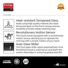 Prestige Provo 900 Kitchen Hood Chimney, Prestige Svachh Efficia Hob 03 AI (with Toughened Glass Top Multi Spark Ignition System & 3 Brass Burners), Prestige Chimney Installation Kit