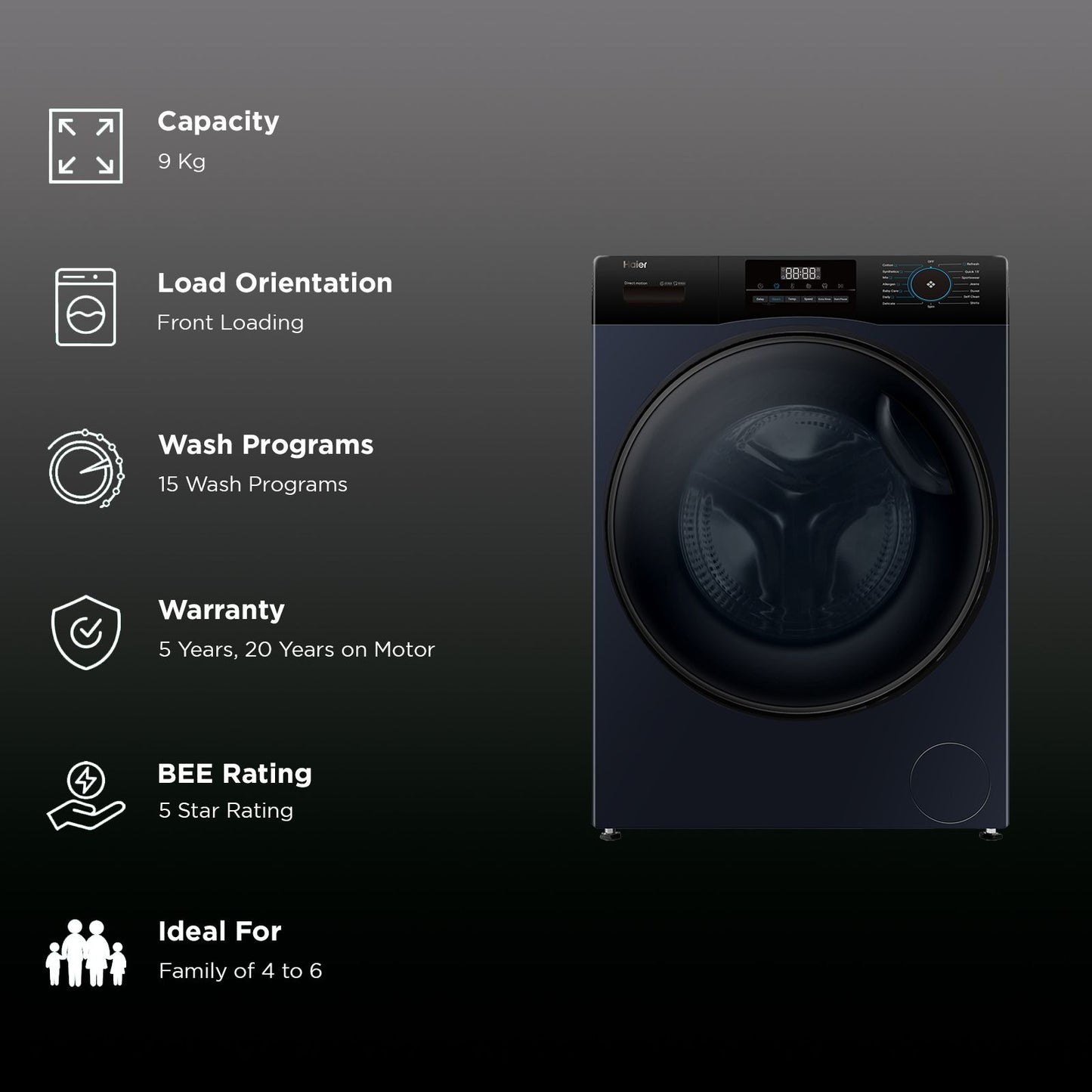 Haier 9 kg 5 Star Fully Automatic Front Load Washing Machine (929, HW90-DM14929ECBK, Anti Bacterial Technology, Black)