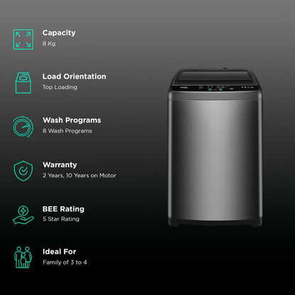 Haier 8 kg 5 Star Fully Automatic Top Load Washing Machine (HWM80-316BK, Oceanus Wave Drum, Dark Jade Silver)
