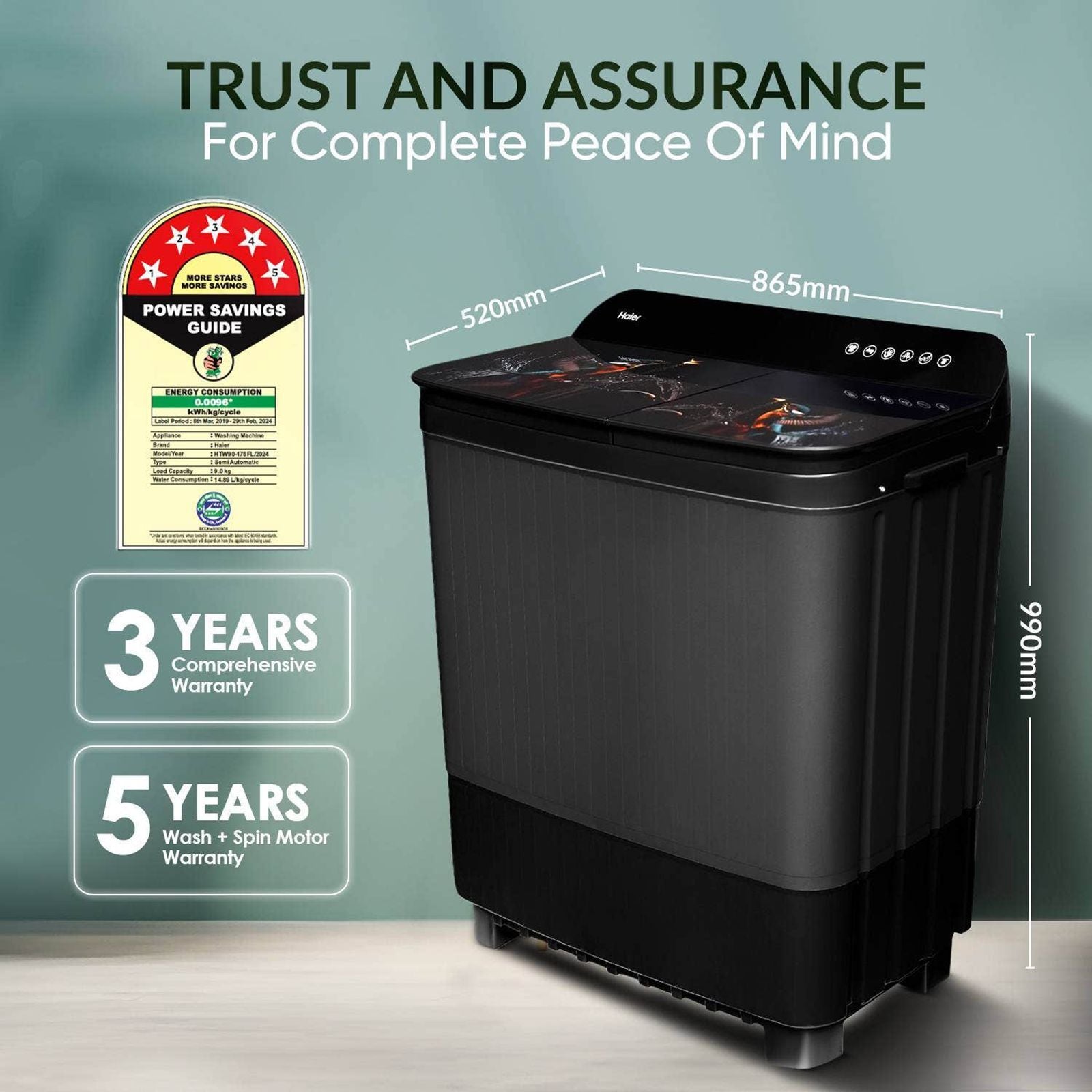 Haier 9 kg Semi Automatic Washing Machine with Softfall Techonology (HTW90-178FL, Black)