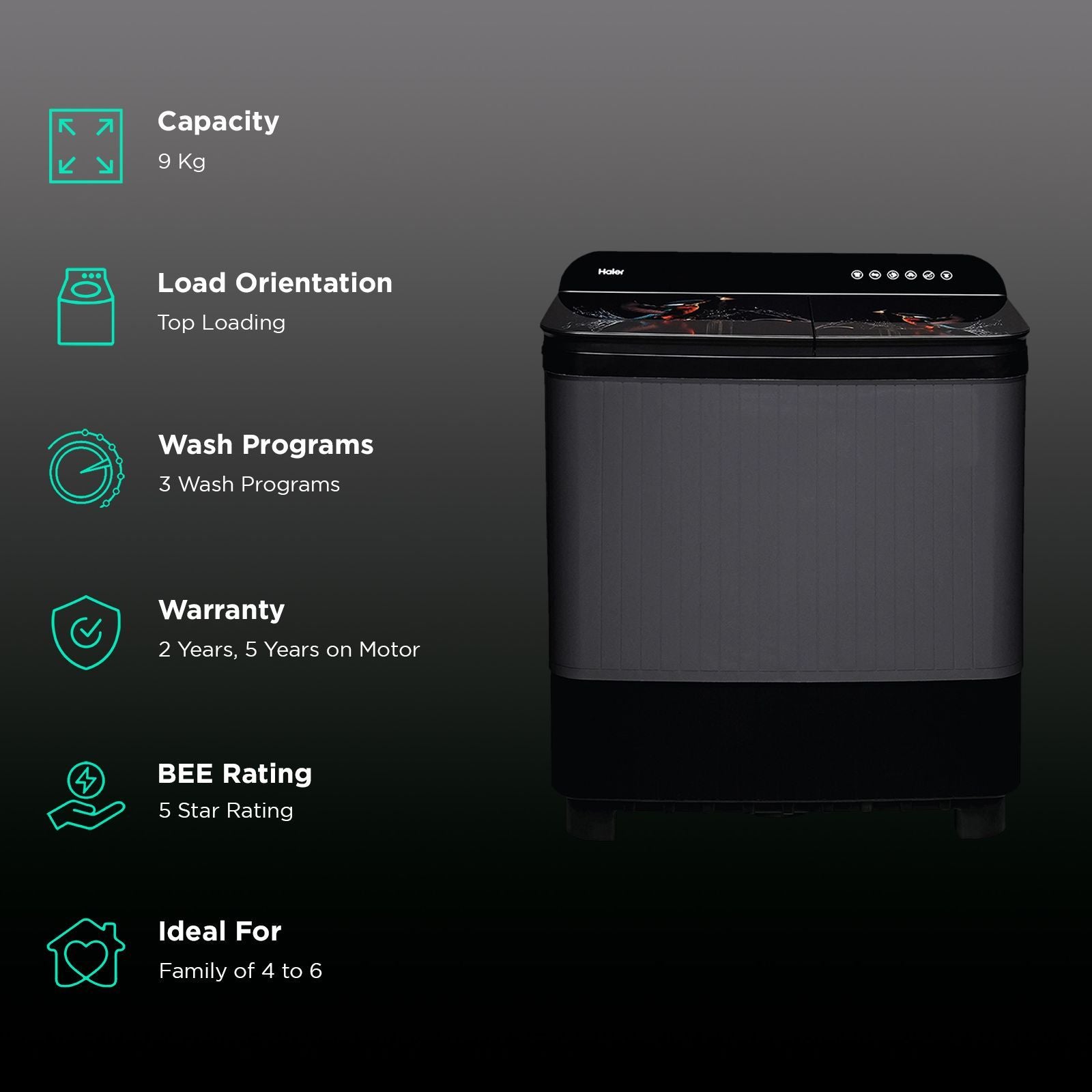 Haier 9 kg Semi Automatic Washing Machine with Softfall Techonology (HTW90-178FL, Black)