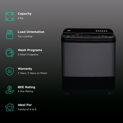 Haier 9 kg Semi Automatic Washing Machine with Softfall Techonology (HTW90-178FL, Black)