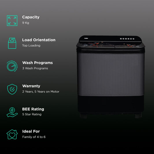 Haier 9 kg Semi Automatic Washing Machine with Softfall Techonology (HTW90-178FL, Black)