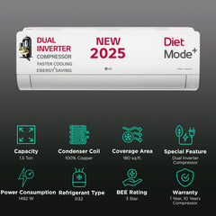 LG 6 in 1 Convertible 1.5 Ton 3 Star Dual Inverter Split AC with 6 Step Fan Speed (2025 Model, Copper Condenser, US-Q18RNXE.AMLG)