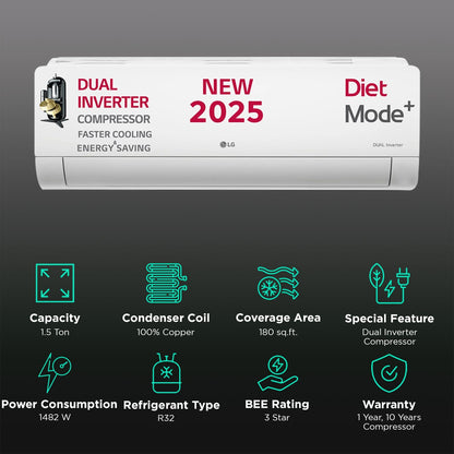 LG 6 in 1 Convertible 1.5 Ton 3 Star Dual Inverter Split AC with 6 Step Fan Speed (2025 Model, Copper Condenser, US-Q18RNXE.AMLG)